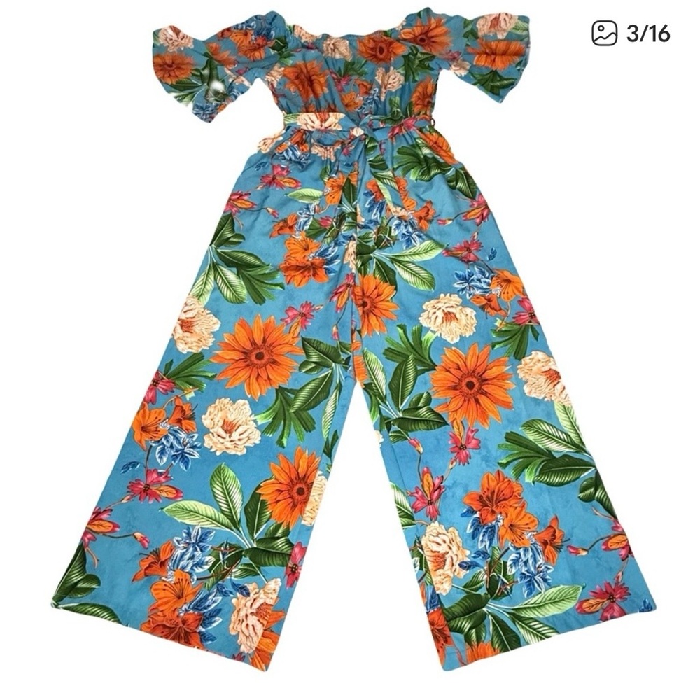 Tropical Blue Jumpsuit On or Off Shoulder Hawaiian Floral Outfit Size M - Picture 3 of 9